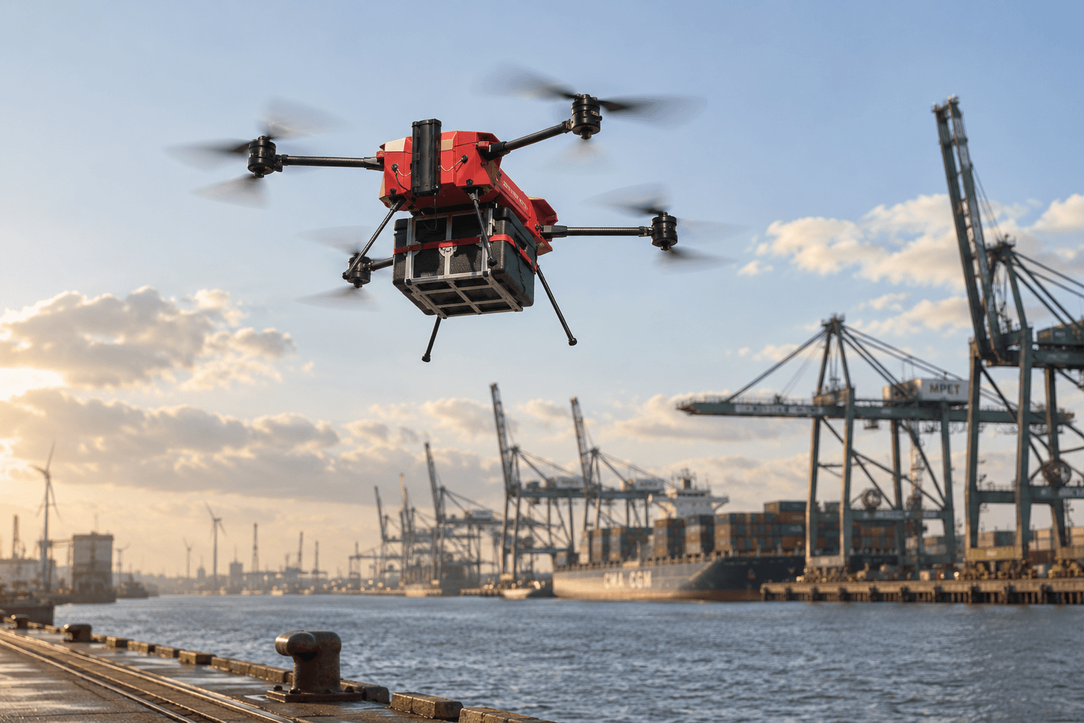 A red ADLC drone carrying a transport box over the Port of Antwerp