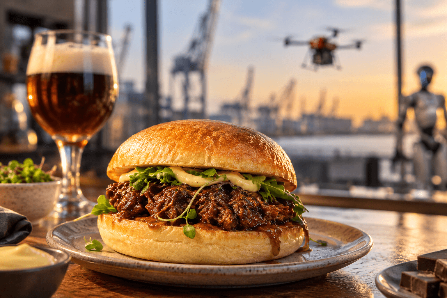 STOOF·36 burger on a terrace in the Port of Antwerp, with a drone in the sky