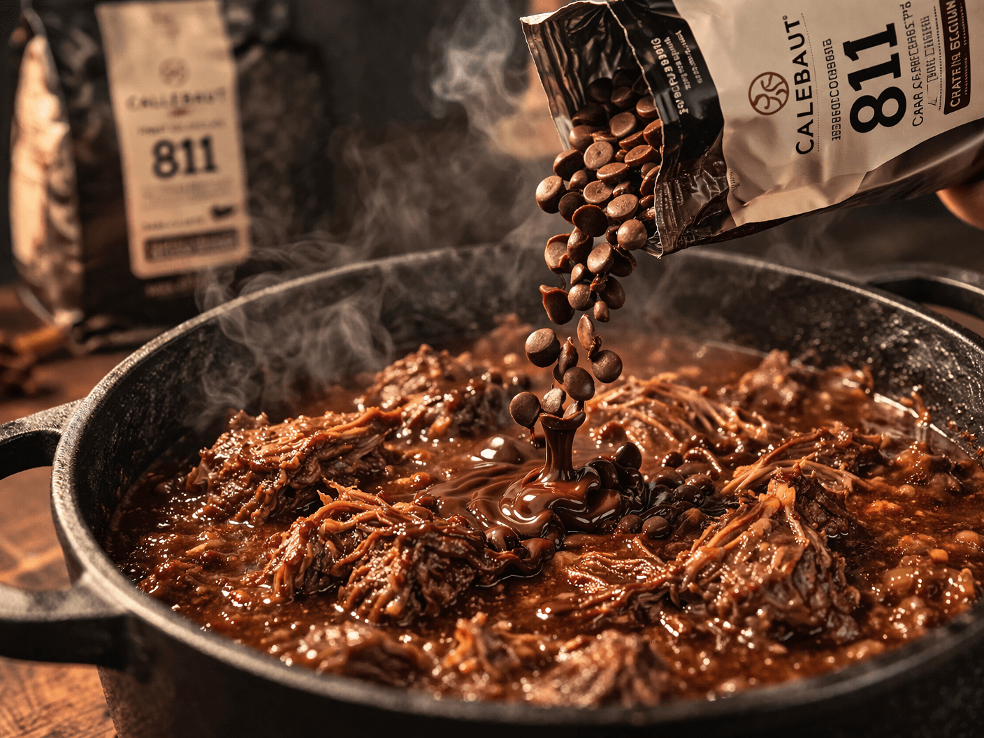 Callebaut chocolate callets being poured into a pot of stoofvlees