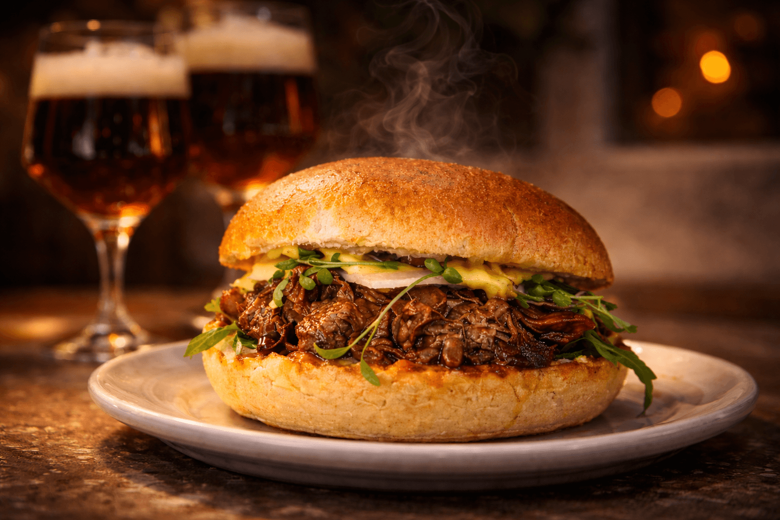The STOOF·36 burger in a brioche bun, with Belgian beer in the background