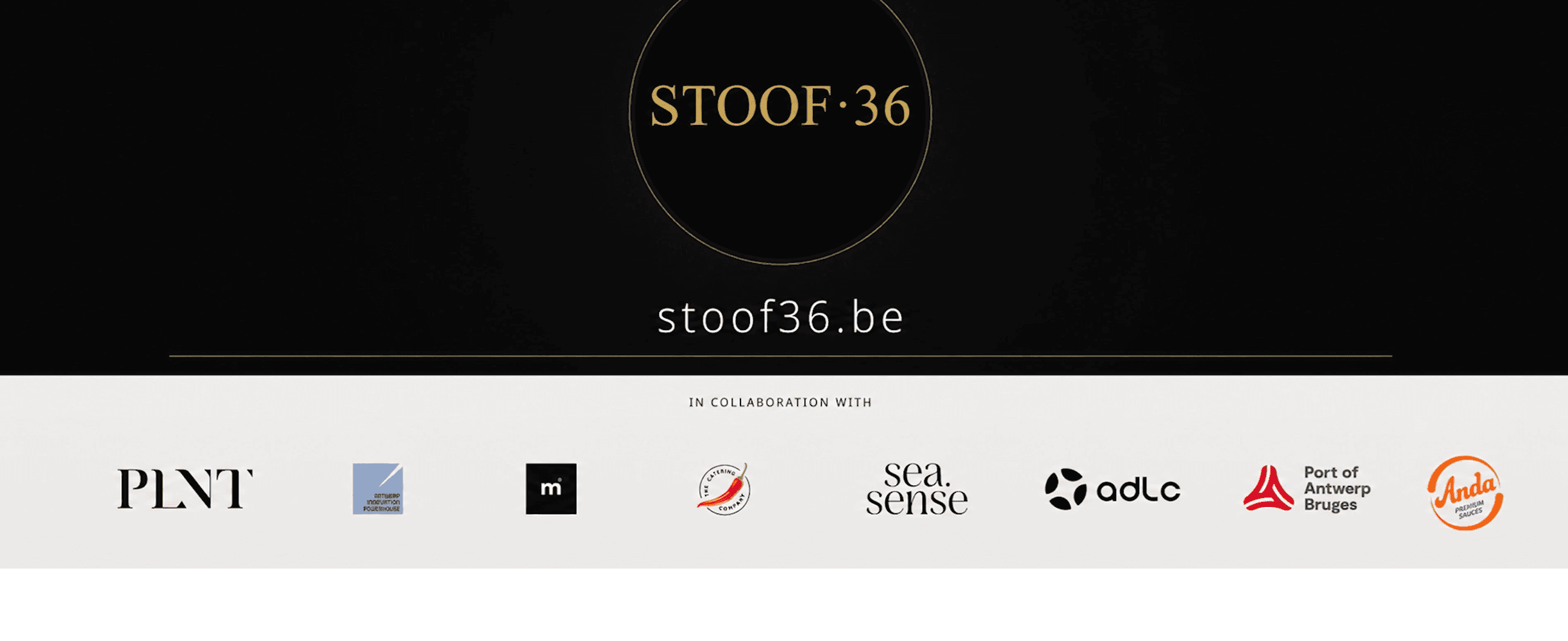 Logos of STOOF·36 and its partners: PLNT, Antwerp Innovation Powerhouse, Motion.one, The Catering Company, Sea.Sense, ADLC, Port of Antwerp-Bruges and Anda