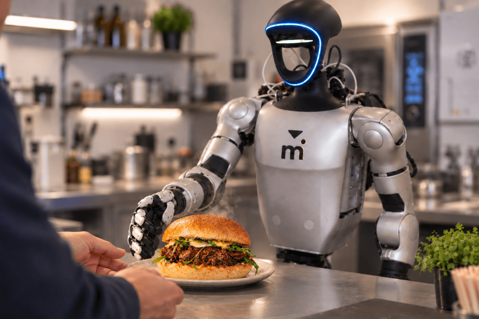 Humanoid robot bearing the Motion.one logo serving a STOOF·36 burger